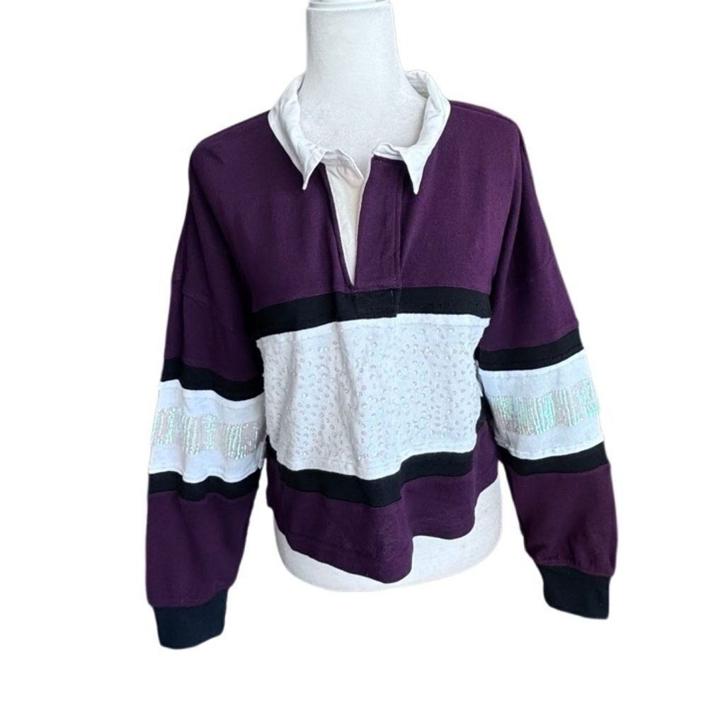 Steve Madden Y2K Polo Cropped Shirt Long Sleeve Sequins SZ S